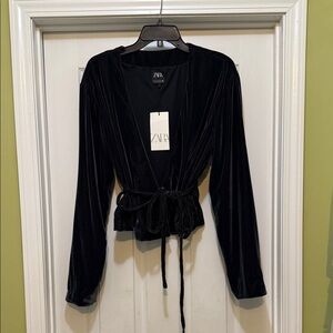Zara NWT Dark Charcoal Velvet Wrap Jacket Tie Waist Cropped Evening Jacket S